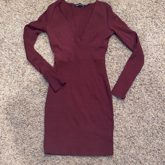 naked wardrobe maroon slimming bodycon long sleeves v neck large - Picture 3 of 7